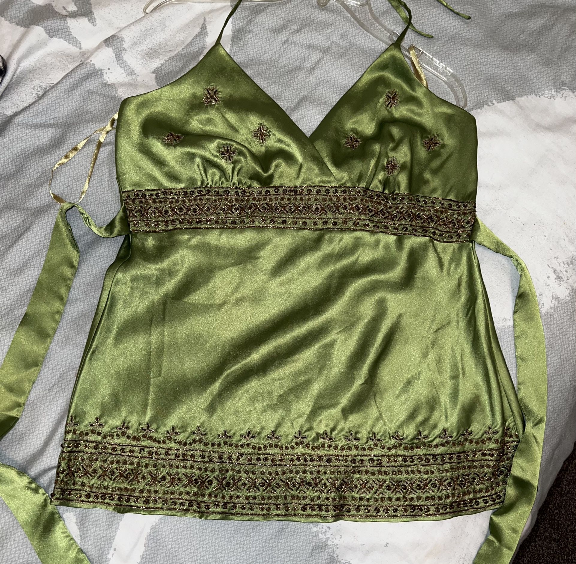 Arden B LUXE (NWT) Boho Halter Top Stunning Satin Green Size L Beaded Blouses