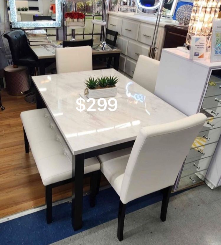 5-pc Dining Table Set With Bench White Faux Marble Table Top