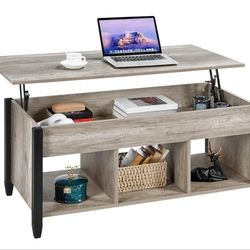 Yaheetech Gray Coffee Table, 47.5in Lift Top Coffee Table with Storage Hidden Compartment and 3 Open Shelves, Wooden Rustic Rising Center Table for Li