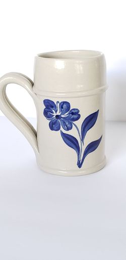 BEAUTIFUL VINTAGE ~Pottery Mug Tall Cobalt Blue Floral/Leaf Salt Glazed Hand Thrown.
$15 Firm Price. 
✨️EXCELLENT PRE-OWNED CONDITION. No Chips No Bre