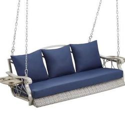 Assembled New Heavy Duty 900 LBS Porch Swing Chair 3-Person Outdoor Rattan Patio Swing Lounge w/Cup-