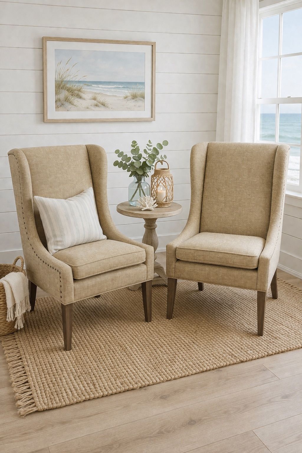 Set of 2 Neutral Wingback Accent/Dining Chairs – Rustic / Modern / Coastal / Farmhouse Style CLEAN
