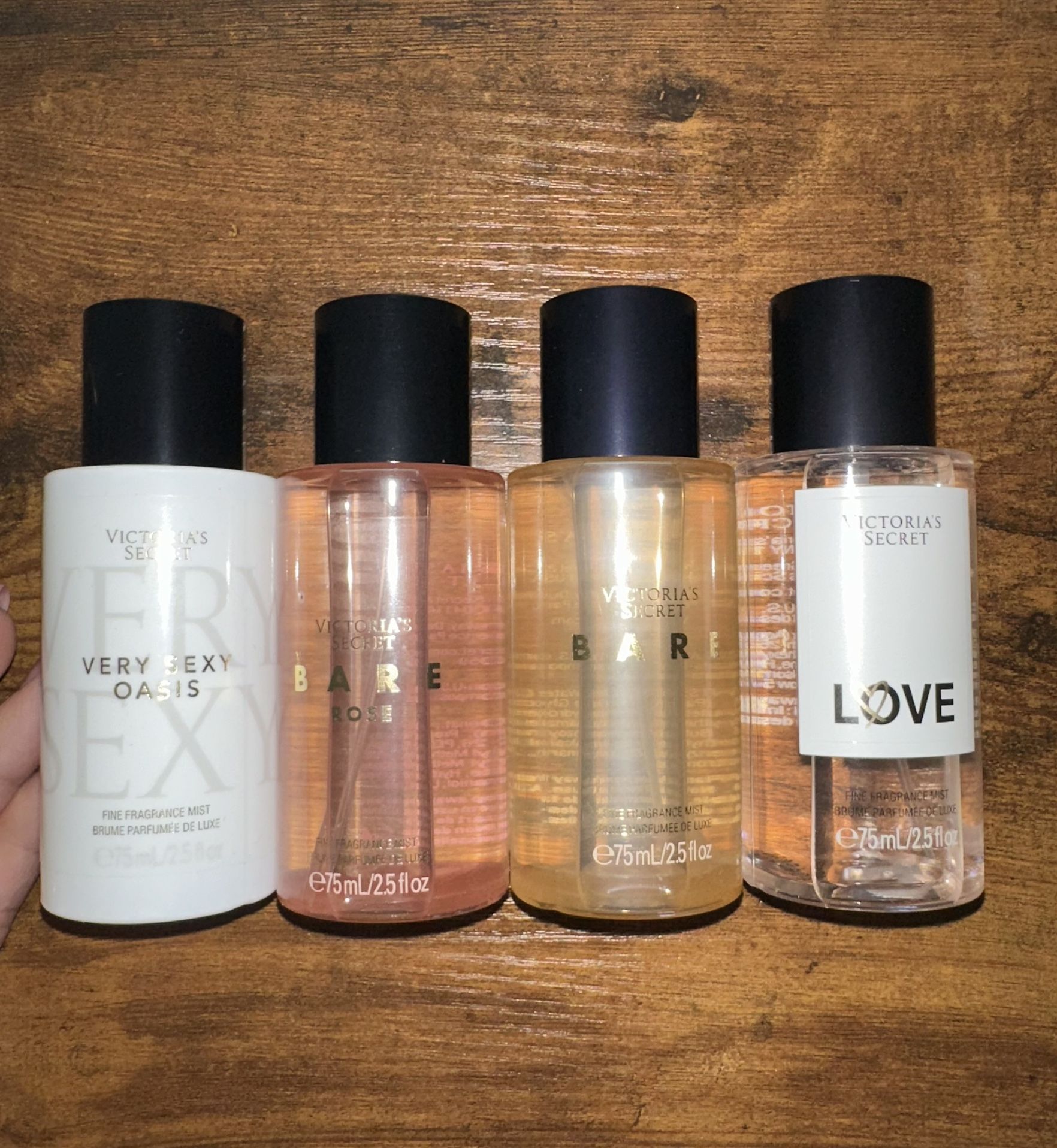 Victoria’s Secret Perfumes. Bare , Bare Rose,Love , Very Sexy Oasis. Each $18