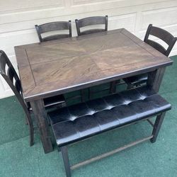 6-PC SLEEK GRAY FINISH HIGH TOP DINING SET (TABLE WITH LEAF, LARGE PADDED BENCH AND 4 PADDED CHAIRS)