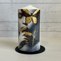 Woman with butterfly design on Unscented Pillar Candle 