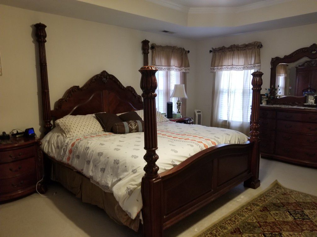 Solid mohagani wood king bedroom set with dresser and mirror and TV armoire