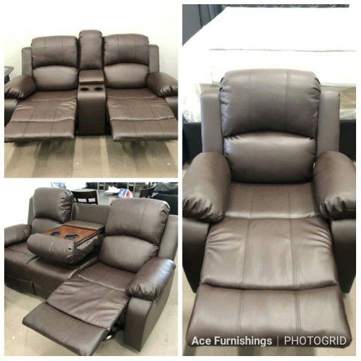 Brand New Brown Leather 3pc Reclining Set With Storage Compartments A Drop Down Table & Built In Cup Holders 