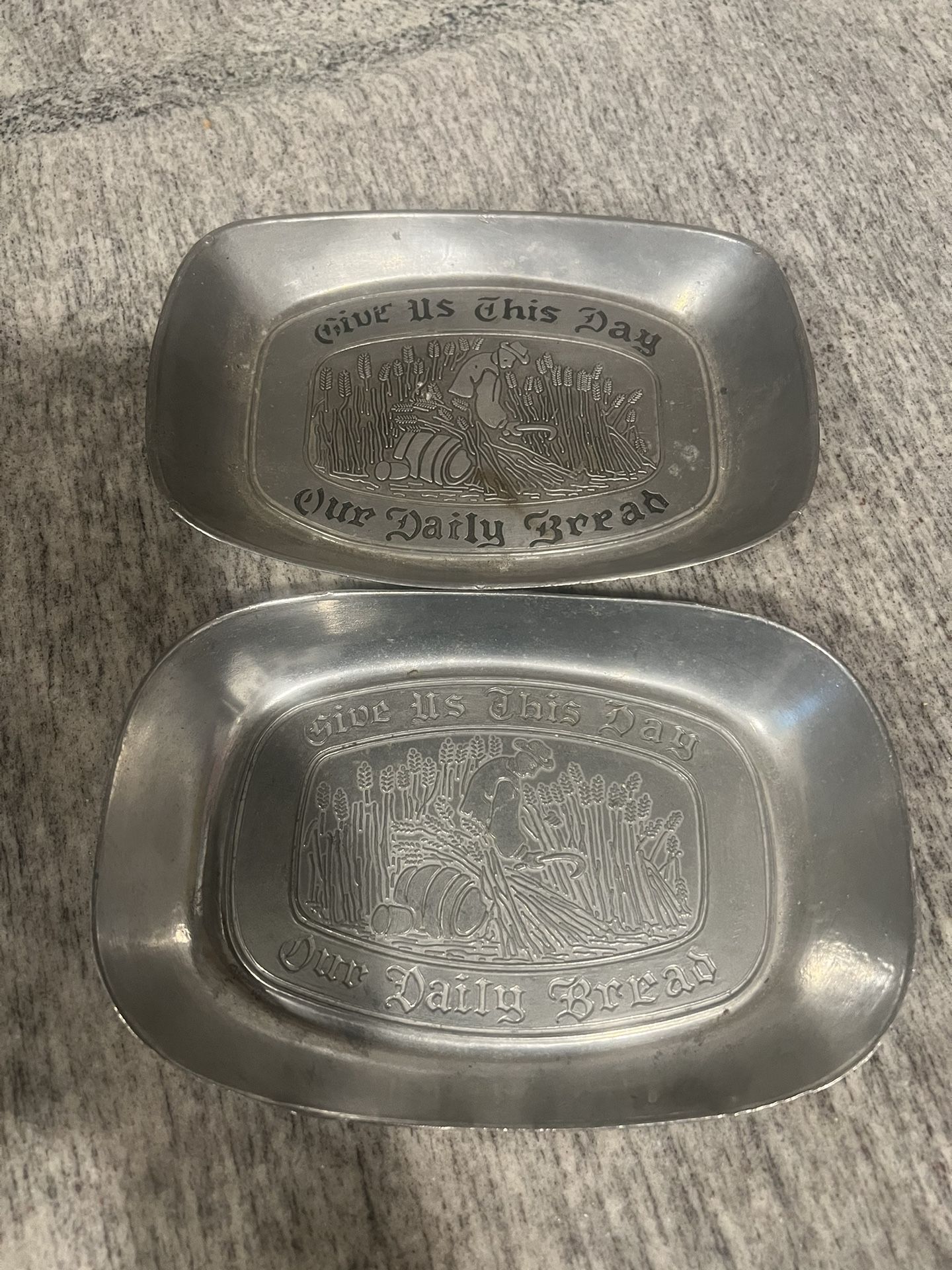 Two Vintage Pewter Give Us This Day Our Daily Bread Plate Tray Taiwan