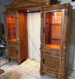 Glass Cabinets With Glass Shelves & Lights- Solid Wood- Good Condition