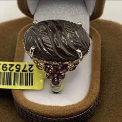 CARVED SMOKY QUARTZ , GARNET RING 