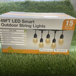 49 Ft Outdoor LED String Lights , Smart Patio Lights 15 Led Bulbs. App Wifi Phone Control On/off, Timer, adjust the brightness 