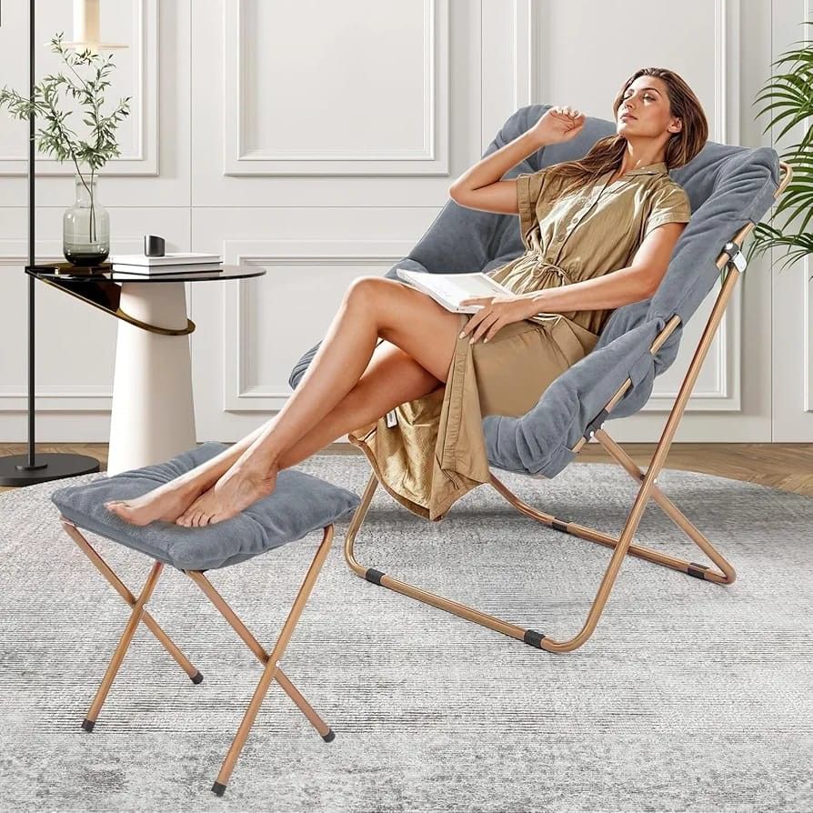 Magshion Square Foldable Oversized Moon Saucer Chair for Adults with Ottoman Foot Rest Large Cozy Chair for Bedroom, Gray