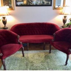 Crimson Velvet Sofa & Pair (2) Of Matching Armchairs