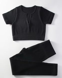 ( M) Tight Women's V-neck T-shirt and wide waistband long pants sportswear set, suitable for yoga gym workout running breathable casual attire