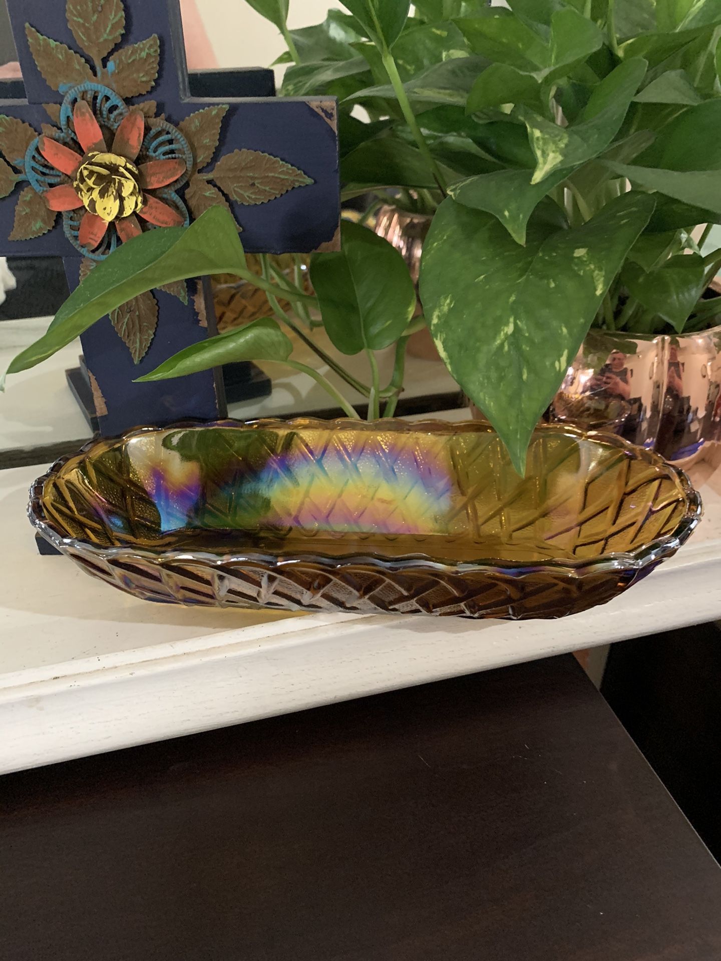 Rainbow basket Carnival Glass dish