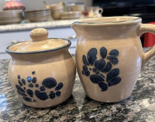 Pfaltzgraff Folk Art Ceramic Cream and Sugar Set with Blue Floral Design