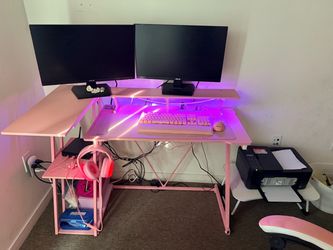 Pink L-Shaped Gaming Desk with LED Lights
