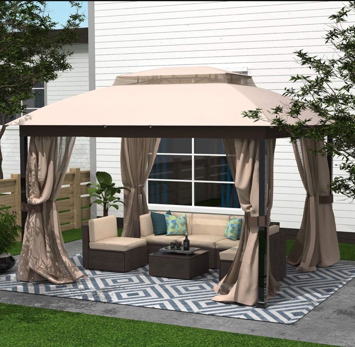 10x12 Steel Frame Mosquito Netting Outdoor Gazbeo Canopy Double Roof Vented in Sand Color