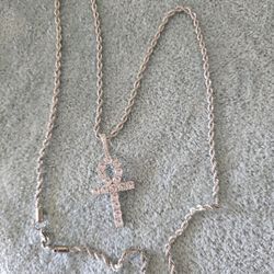 Silver Cross Diamonds With Rope Necklace 22 Inch