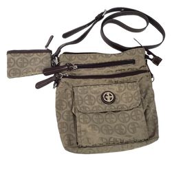GIANNI BERNINI Tan Brown Crossbody Small Purse Bag All Over Logo Zipper Pockets