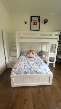 White Bunk Bed with Built-In Desk & Storage Stairs