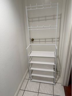 Brand-New Four-Tier Shoe Rack — Black and White — With Coat Hooks