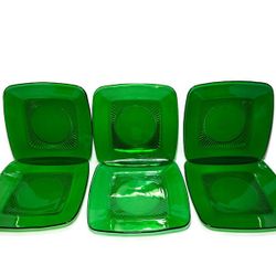 Lot of 6 Vintage Anchor Hocking Charm Forest Green Glass Square Plates