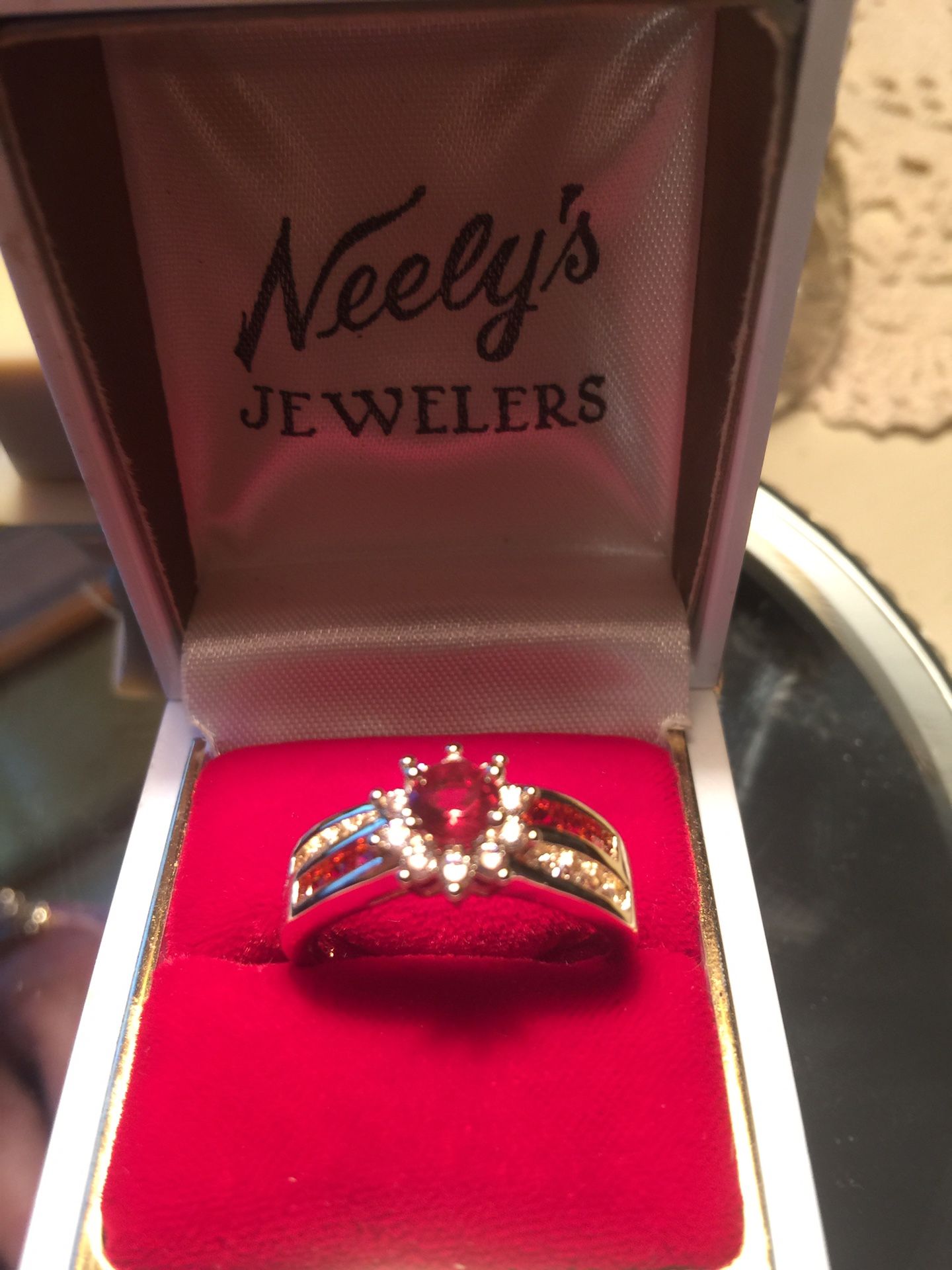 Gorgeous ruby & sapphire engagement ring pave set band size8