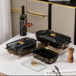 Description 3PCS Rectangular Porcelain Casserole Warming Trays for Food, Ceramics Chafers, and Buffet Warmer black Brand new still in the box