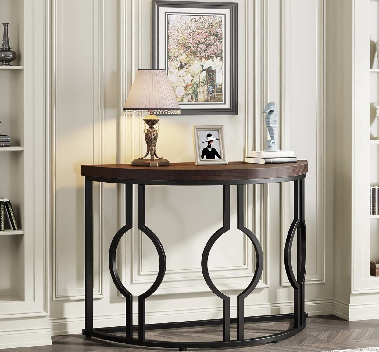 Half Moon Entryway Console Table – 43” Industrial Sofa Table with Geometric Metal Base