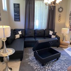 New Black Leather Sectional Sofa Couch With Storage Ottoman And Pillows 