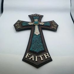 Decorative Cross with Faith Hope Love Home Engraved Turquoise Accents BrownTurquoise