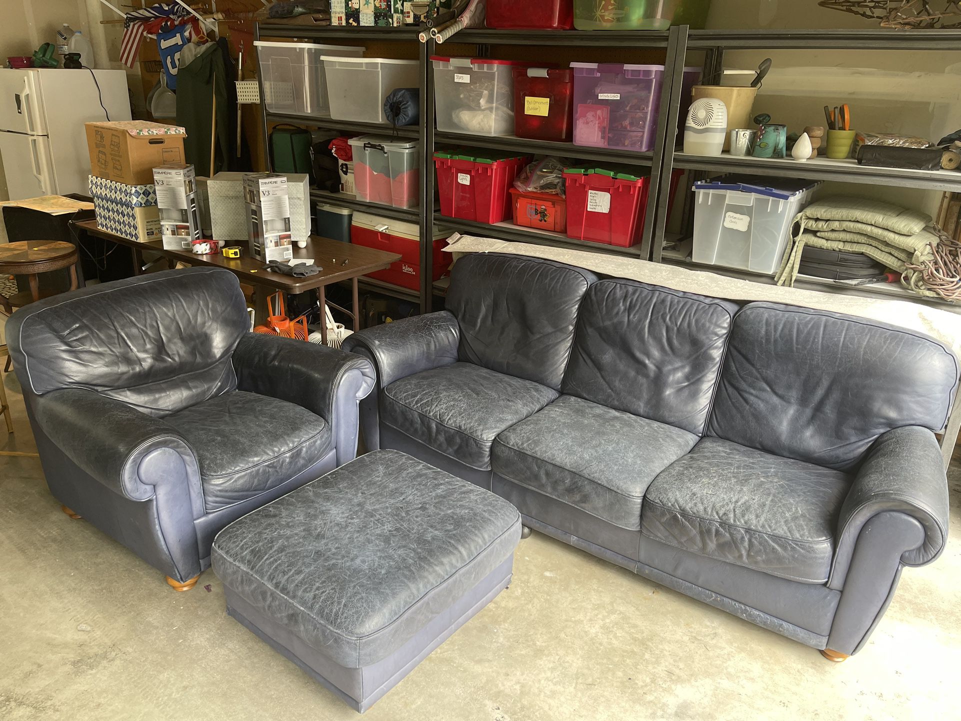 Blue Leather Sofa, Chair and Ottoman