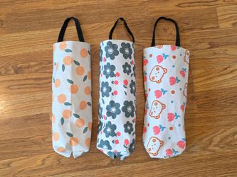 3pc Hanging Fabric Grocery Bag Dispenser & Organizer – Oranges, Floral, & Teddy Bear Prints