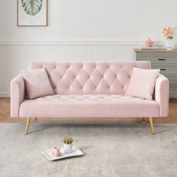 71 inch convertible love seat sofa, American retro pink velvet, suitable for small living room, bedroom, office