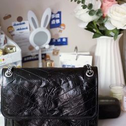 SAINT LAURENT YSL Niki Silver Chain Black Label Logo Vintage Pleated Calfskin Wandering Bag Crossbody Shoulder Bag(116)66