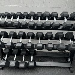 New Rubber Hex Dumbbells 5lbs-50lbs/Dumbbell rack included/ Gym Equipment/Weights/Exercise/Training 
