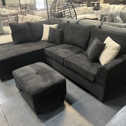 Black Fabric Sectional With FREE OTTOMAN