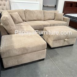 New Camel Plush Sectional And Storage Ottoman, Sectional Couch, Sofa, Reversible Sectional, Couch, Brown Sectional, Reversible Chaise Sectional Couch