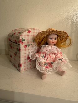 Vintage Porcelain Doll w/ Straw Hat & Box