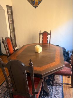 Vintage 1970s/80s Spanish Revival Gothic Mediterranean Carved Wood Dining Table & 6 High-Back Chairs – Made in Taiwan