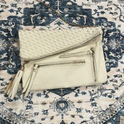 Moda Luxe Cream Off White Leather Crossbody Bag With Gold Chain Tassel Zip Fly Magnetic Enclosure