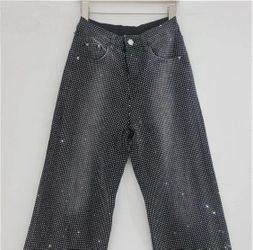 Women Rhinestone Vingate Loose Wide Leg Straight Jeans Denim