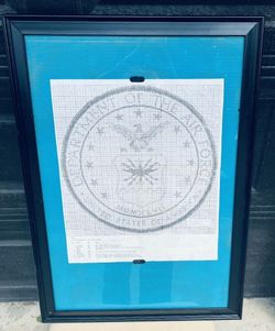 Framed Poster Size Vintage cross stitch pattern depicting the official United States Air Force seal on a teal background!
