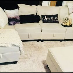Beige Couch With 2 Ottomans 
