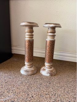 Vintage-Style Rustic Wood & Copper Pillar Candle Holders - Set of 2