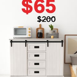 Redgate Farmhouse Cabinet with Sliding Barn Doors – 4 Drawers, Buffet, TV Stand, or Kitchen Storage