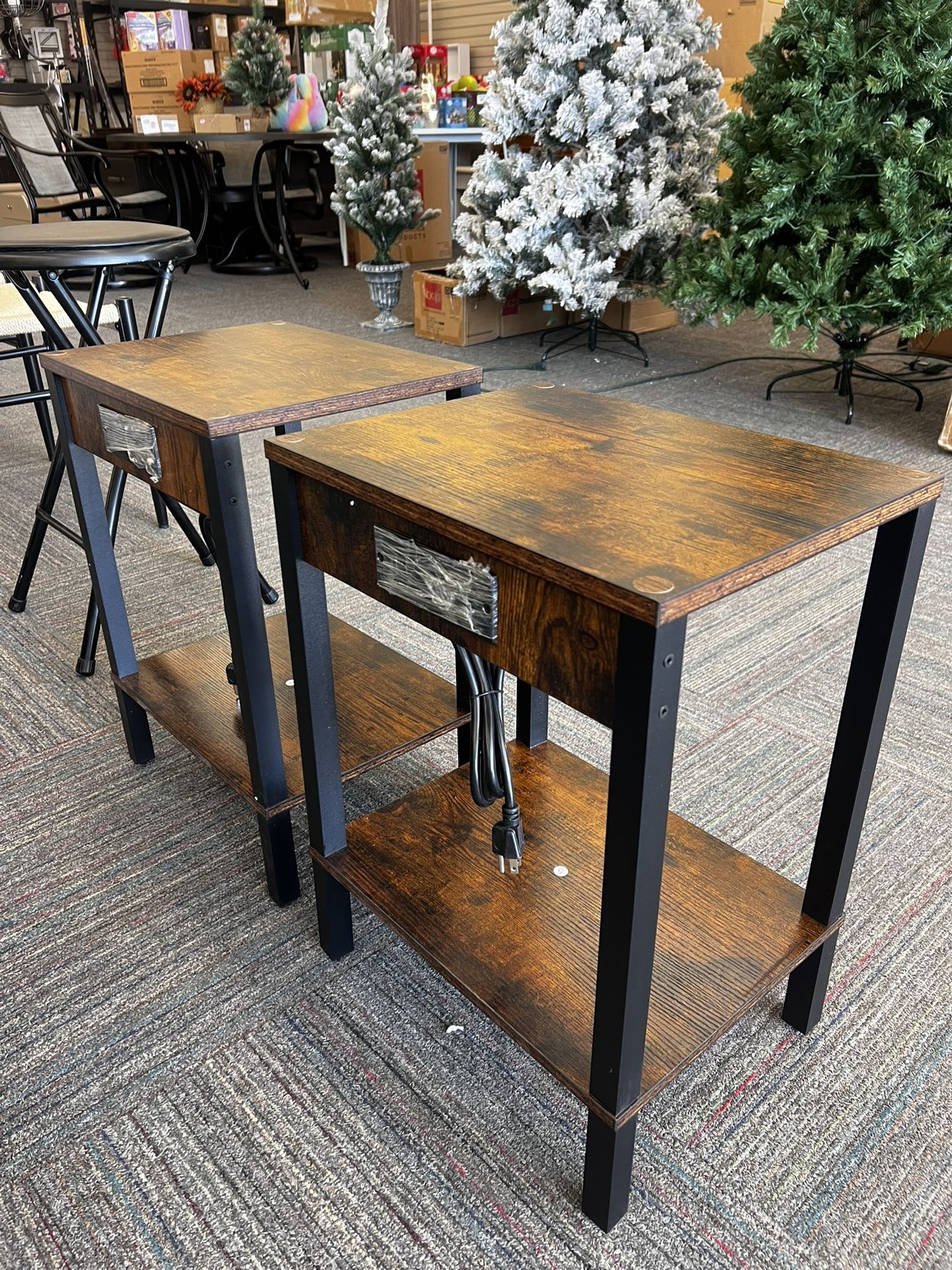 Set of 2 End Table with Charging Station, Side Table with USB Ports and Outlets, Nightstands, New