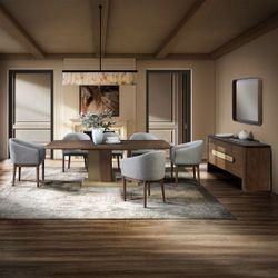 Dining set 7 pc Brown and Gold finish, Beige fabric, New Especial price 