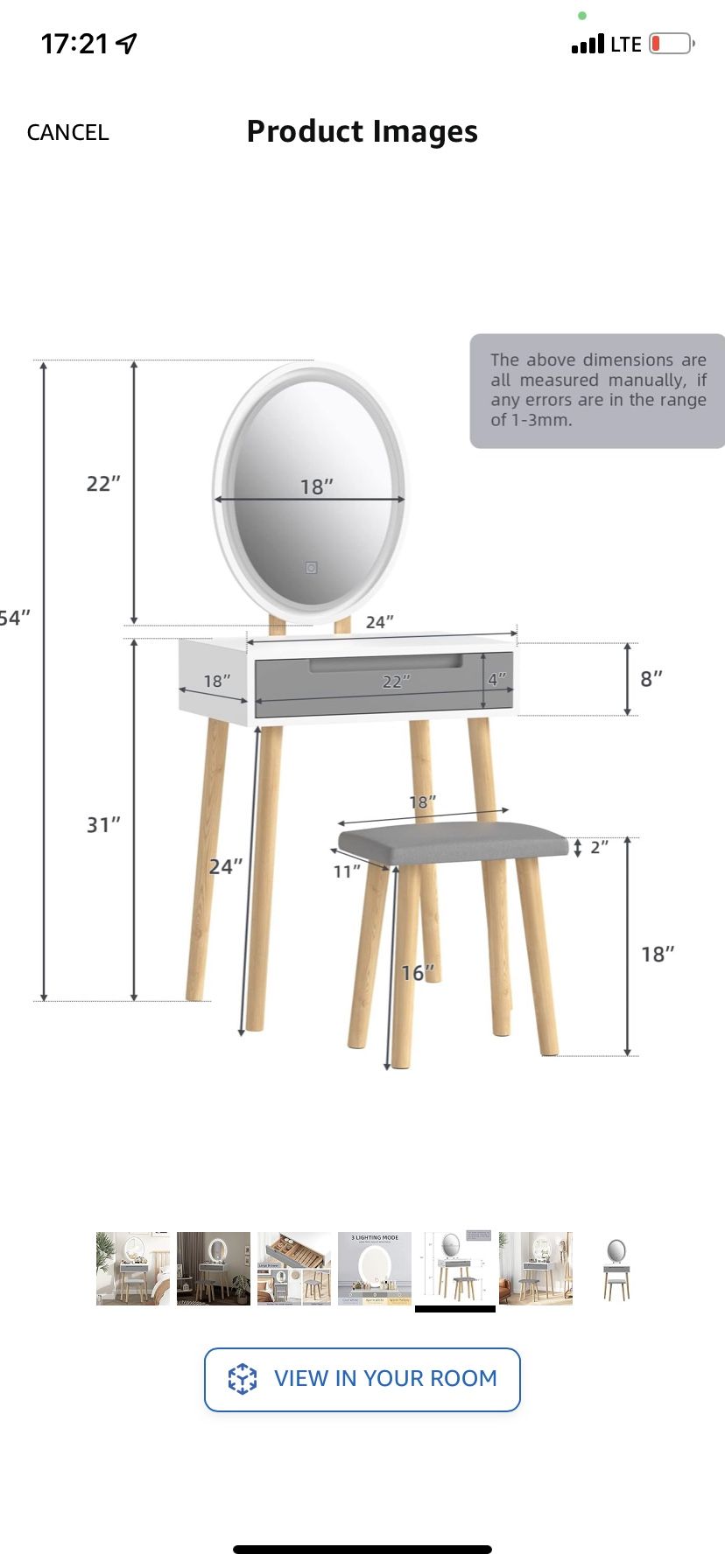 Makeup Vanity Table Set with 3 Modes Adjustable Lighted Mirror Cushioned Stool, Dressing Table for Small Space